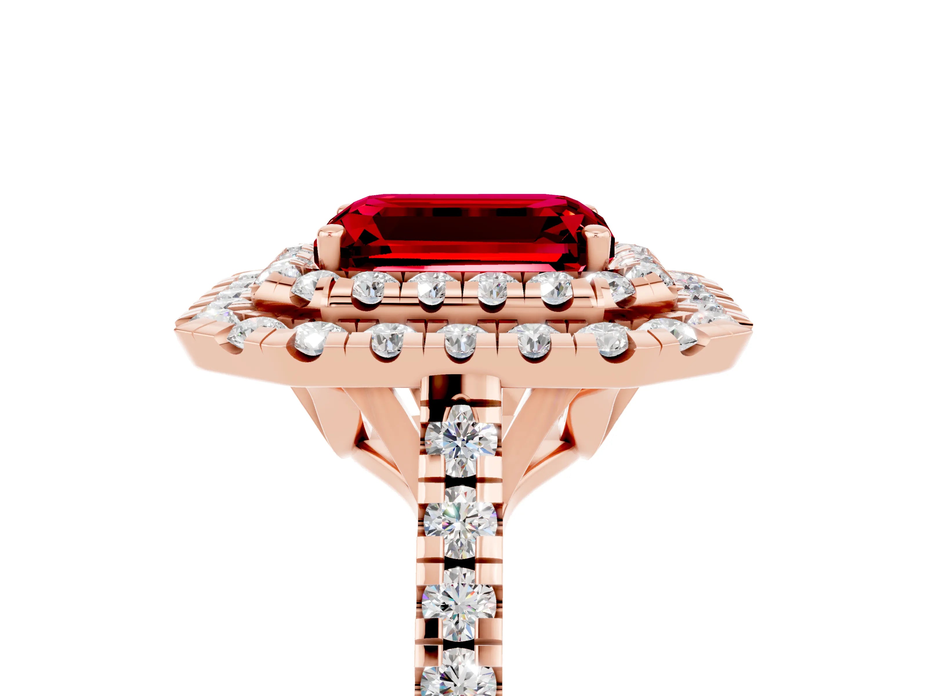 Rose gold Double Halo Emerald Cut Ruby Pavé Band with Four-Prong Setting_5