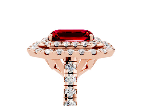Rose gold Double Halo Emerald Cut Ruby Pavé Band with Four-Prong Setting_5