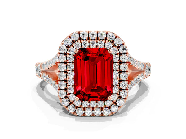 Rose gold Double Halo Emerald Cut Ruby Pavé Split Shank Ring with Prong Setting