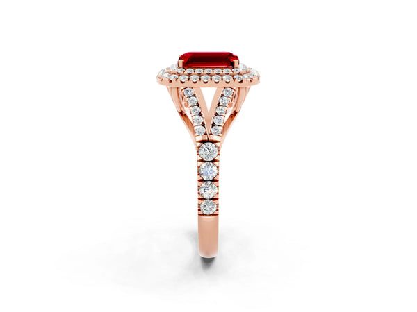 Rose gold Double Halo Emerald Cut Ruby Pavé Split Shank Ring with Prong Setting