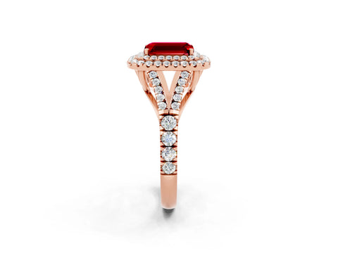 Rose gold Double Halo Emerald Cut Ruby Pavé Split Shank Ring with Prong Setting_2