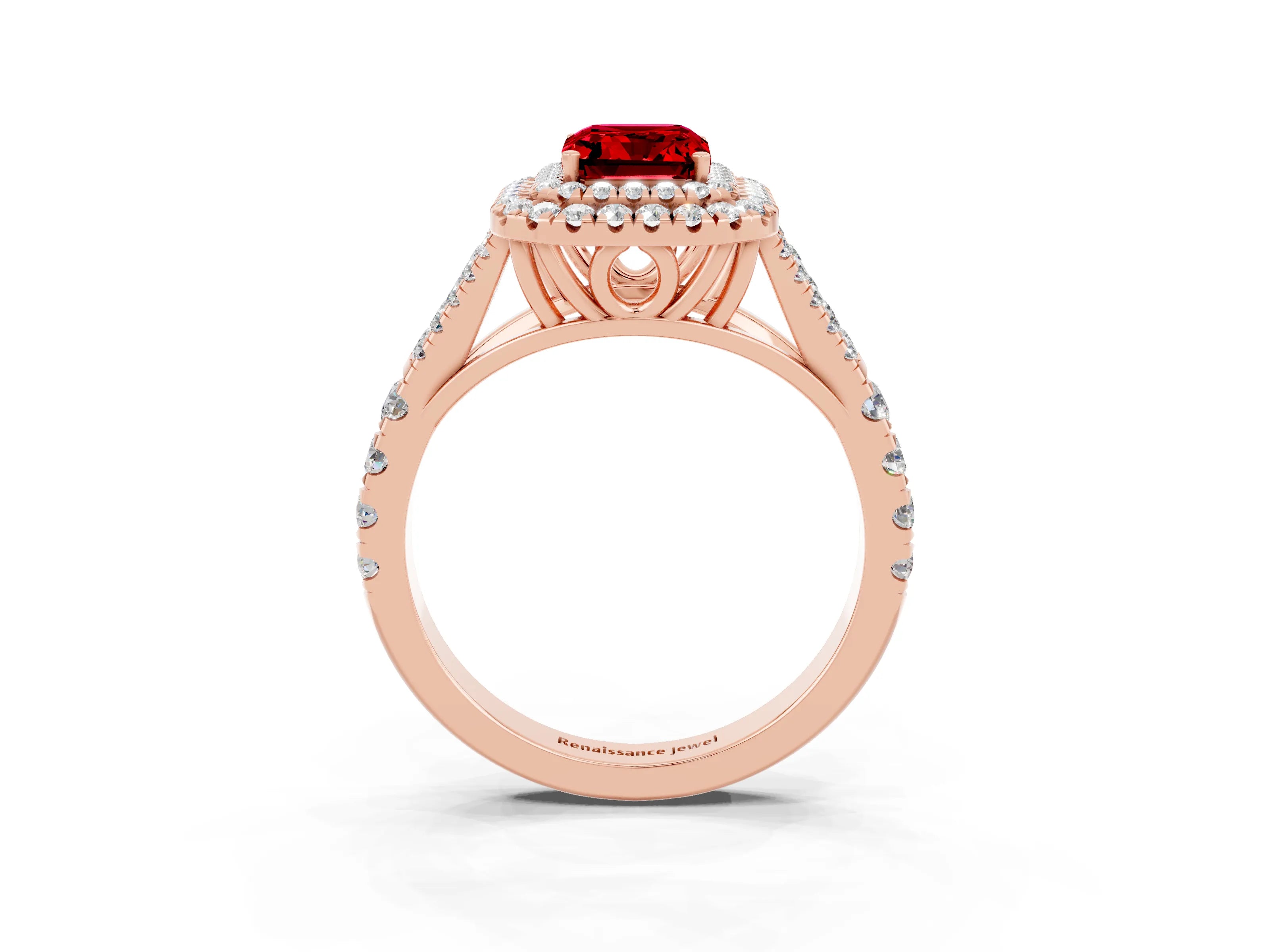 Rose gold Double Halo Emerald Cut Ruby Pavé Split Shank Ring with Prong Setting_3
