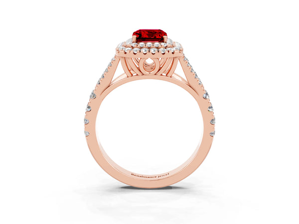 Rose gold Double Halo Emerald Cut Ruby Pavé Split Shank Ring with Prong Setting