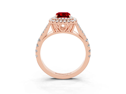 Rose gold Double Halo Emerald Cut Ruby Pavé Split Shank Ring with Prong Setting_3