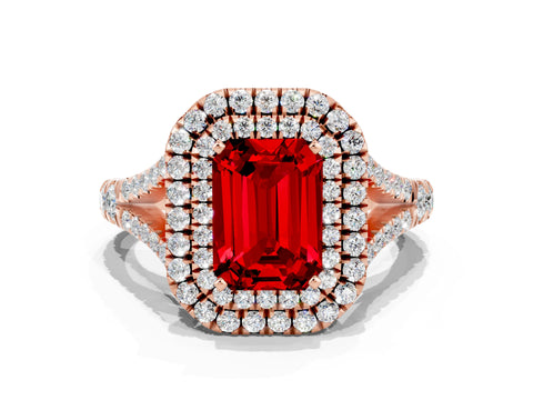 Rose gold Double Halo Emerald Cut Ruby Pavé Split Shank Ring with Prong Setting