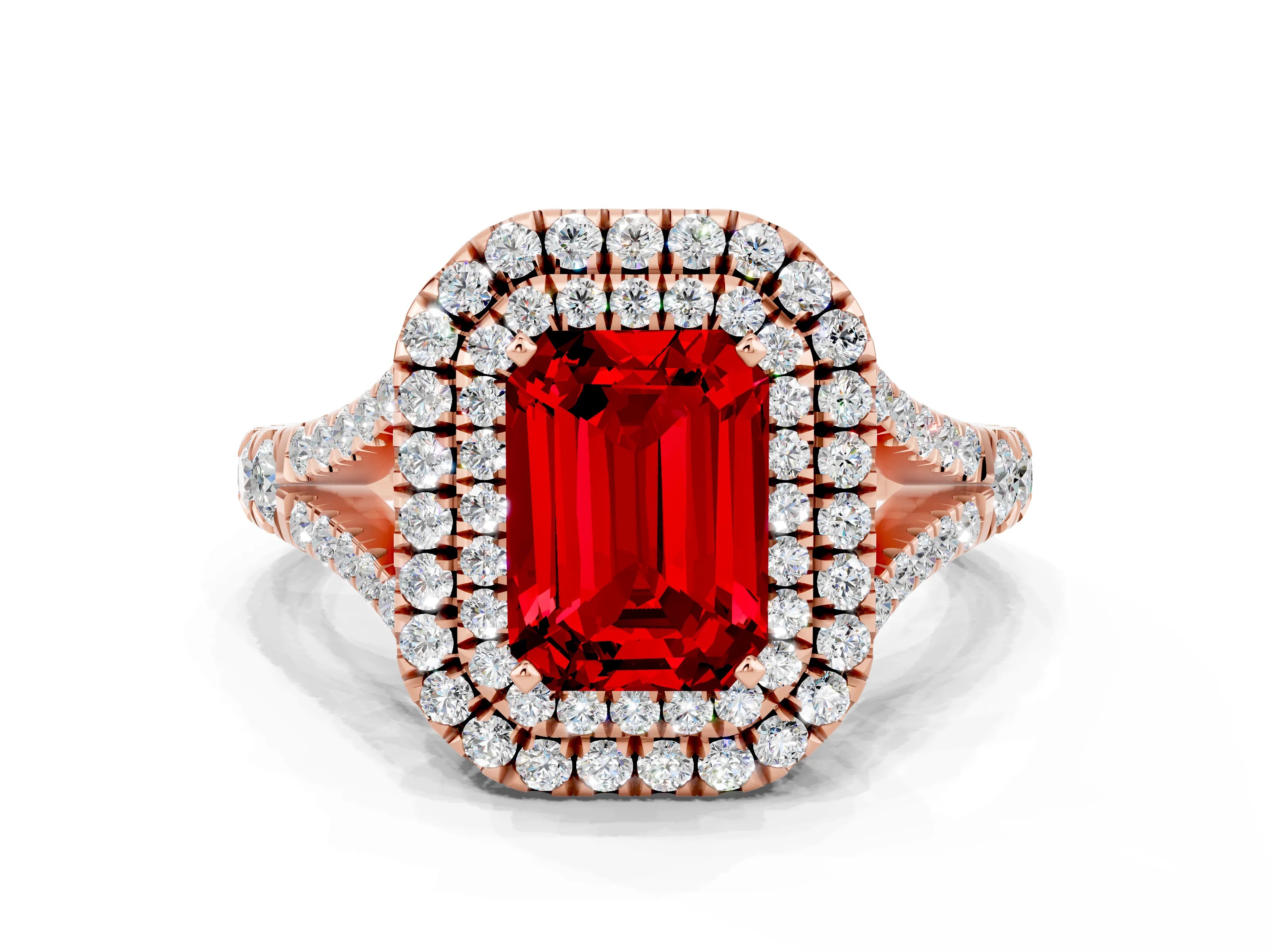 Rose gold Double Halo Emerald Cut Ruby Split Shank Engagement Ring with Four-Prong Setting