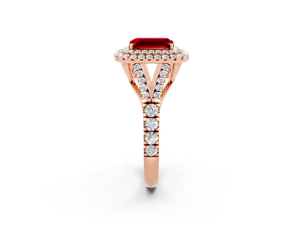 Rose gold Double Halo Emerald Cut Ruby Split Shank Engagement Ring with Four-Prong Setting