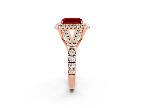 Rose gold Double Halo Emerald Cut Ruby Split Shank Engagement Ring with Four-Prong Setting_2