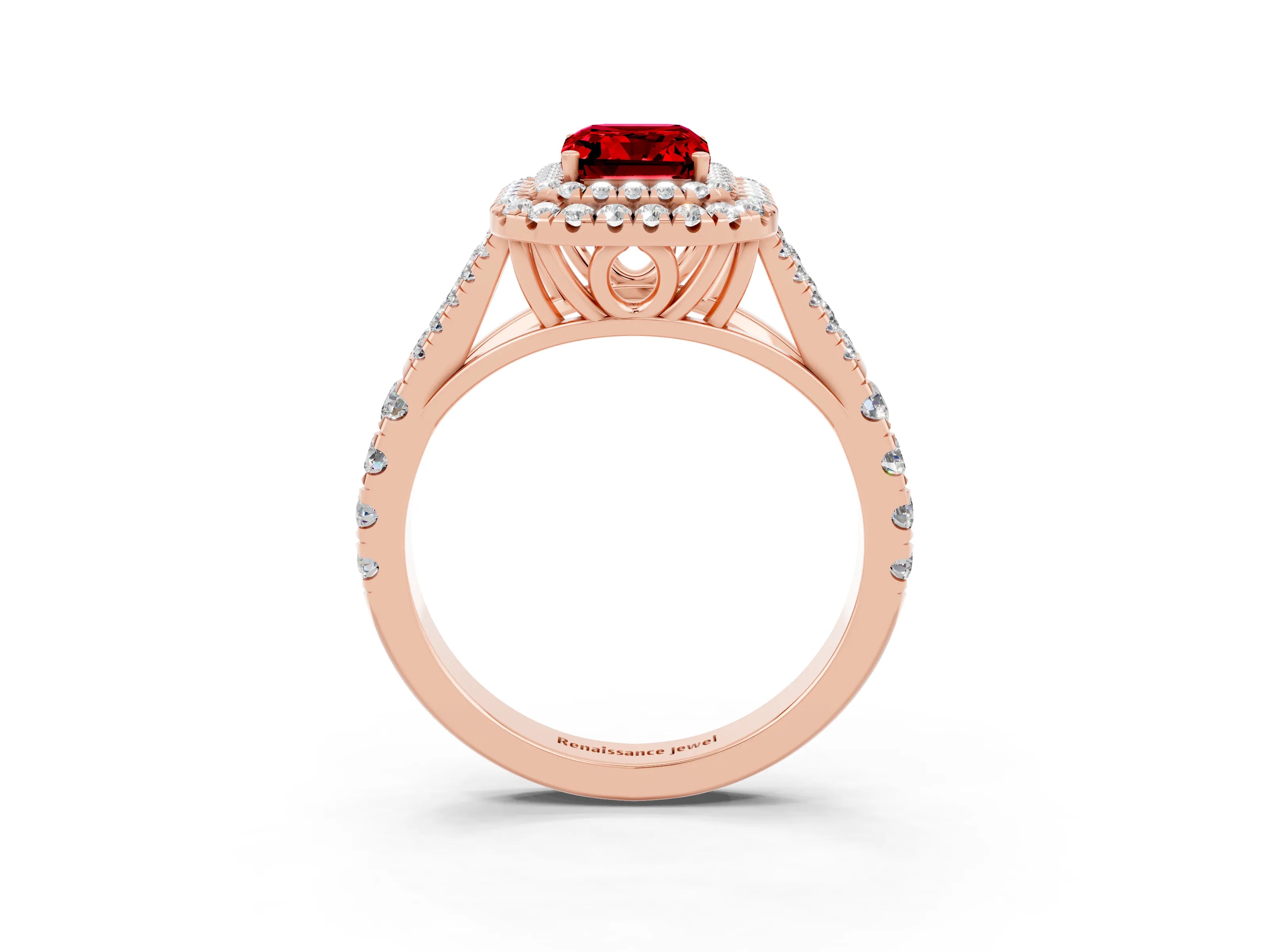 Rose gold Double Halo Emerald Cut Ruby Split Shank Engagement Ring with Four-Prong Setting_3