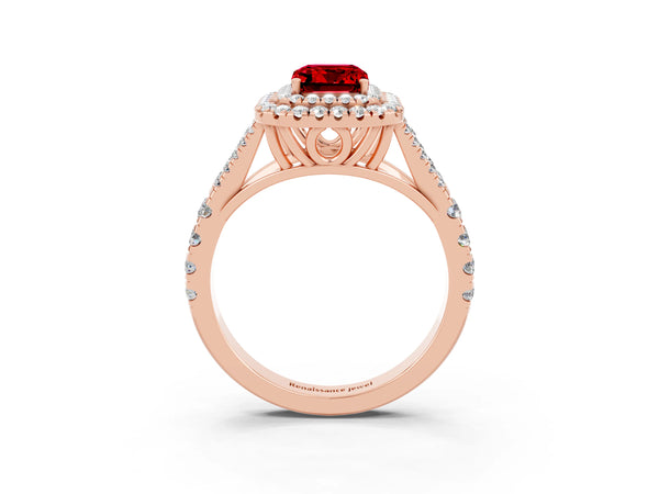 Rose gold Double Halo Emerald Cut Ruby Split Shank Engagement Ring with Four-Prong Setting