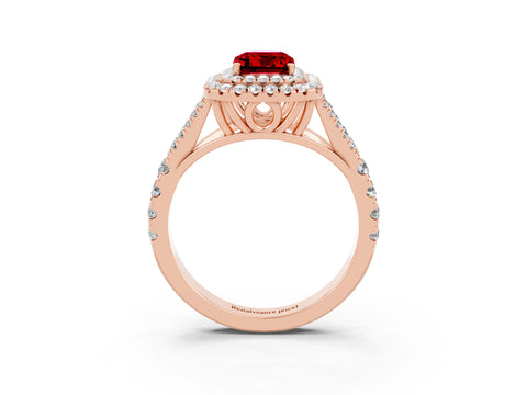 Rose gold Double Halo Emerald Cut Ruby Split Shank Engagement Ring with Four-Prong Setting_3