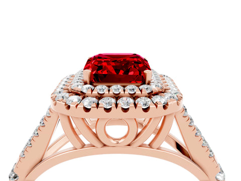 Rose gold Double Halo Emerald Cut Ruby Split Shank Engagement Ring with Four-Prong Setting_4