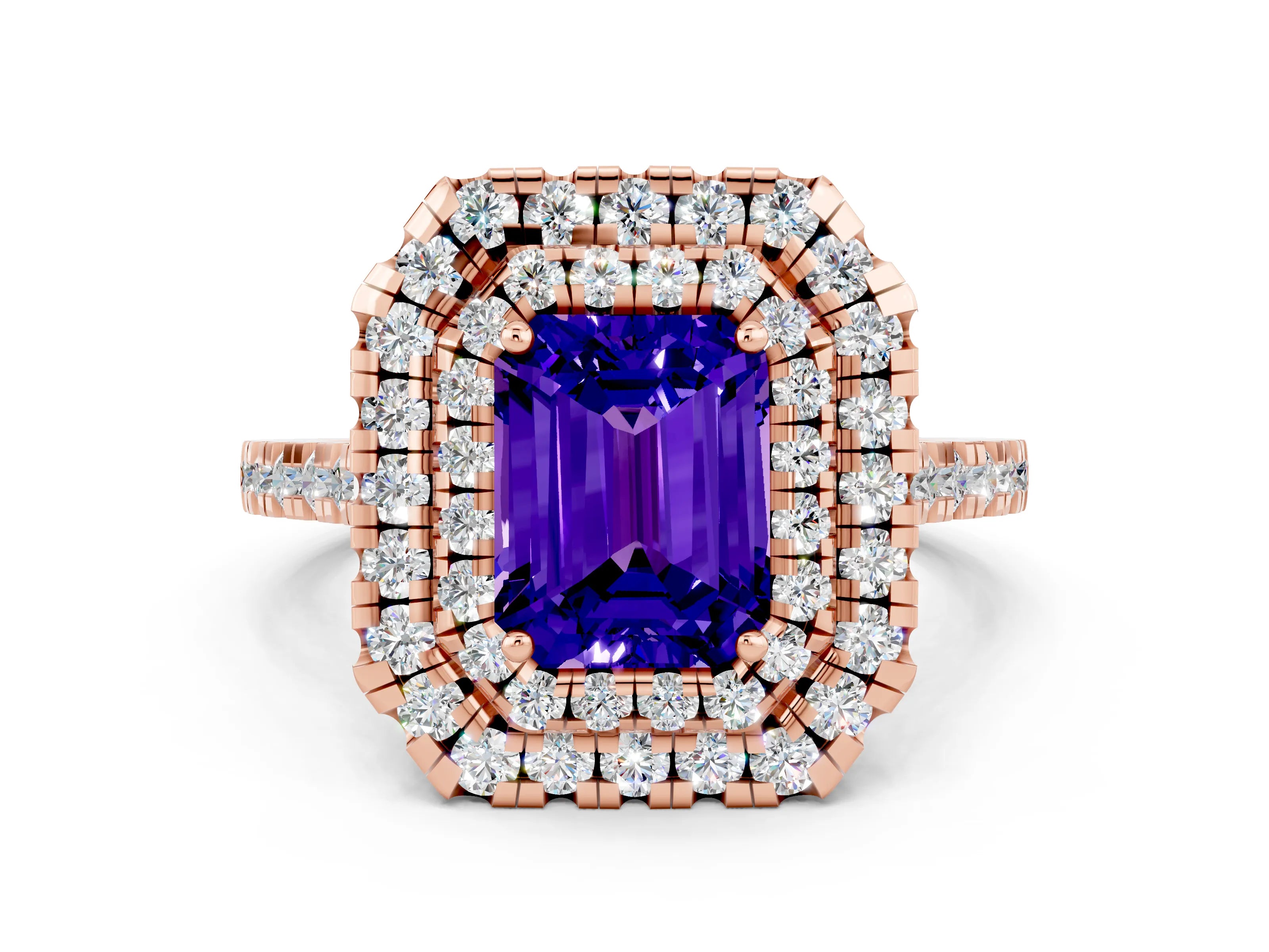 Rose gold Double Halo Emerald Cut Tanzanite Pavé Band with Four-Prong Setting