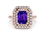 Rose gold Double Halo Emerald Cut Tanzanite Pavé Band with Four-Prong Setting