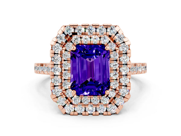 Rose gold Double Halo Emerald Cut Tanzanite Pavé Band with Four-Prong Setting