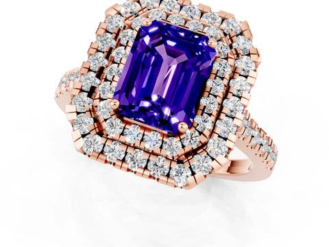 Rose gold Double Halo Emerald Cut Tanzanite Pavé Band with Four-Prong Setting_1