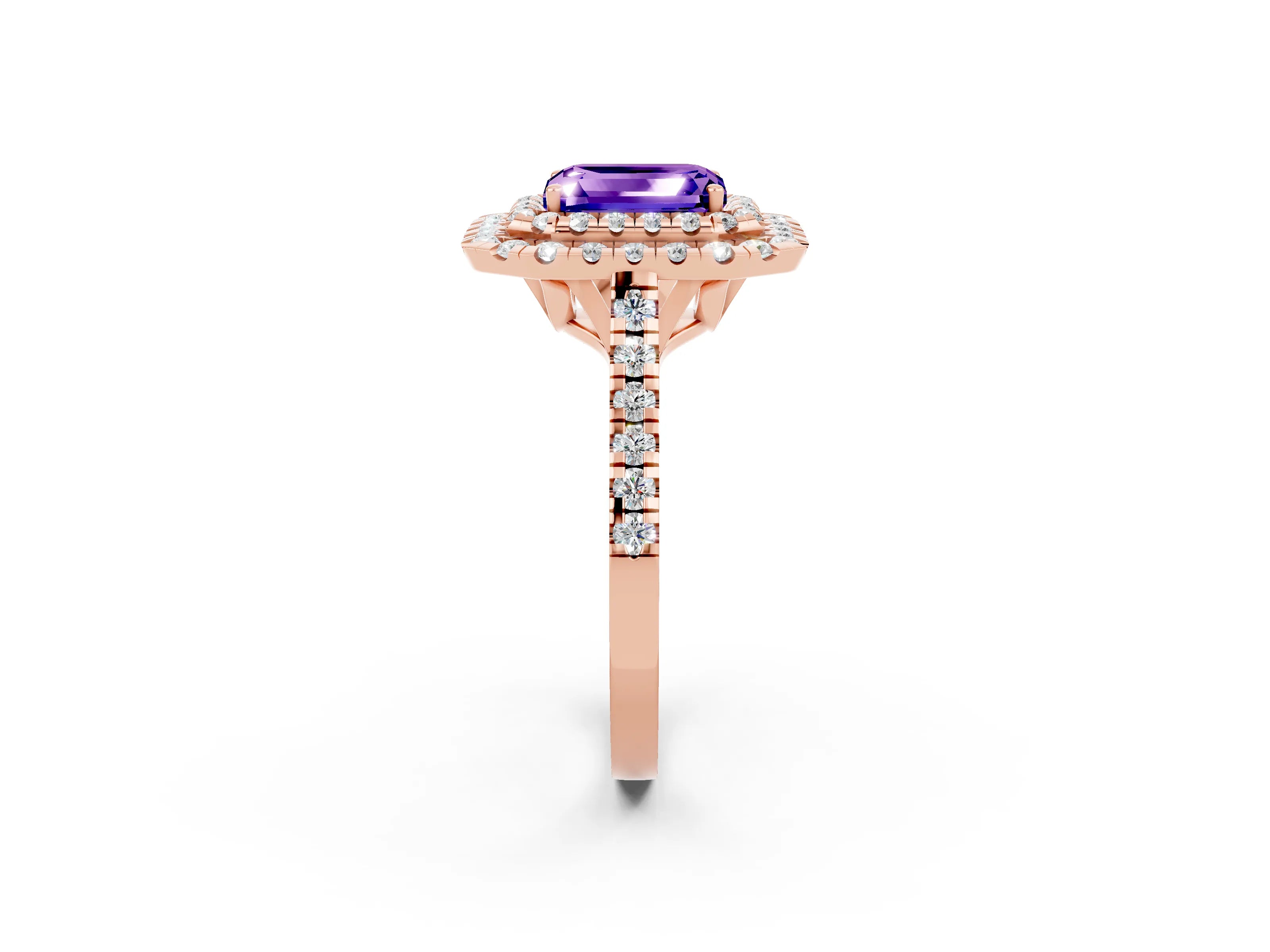 Rose gold Double Halo Emerald Cut Tanzanite Pavé Band with Four-Prong Setting_2