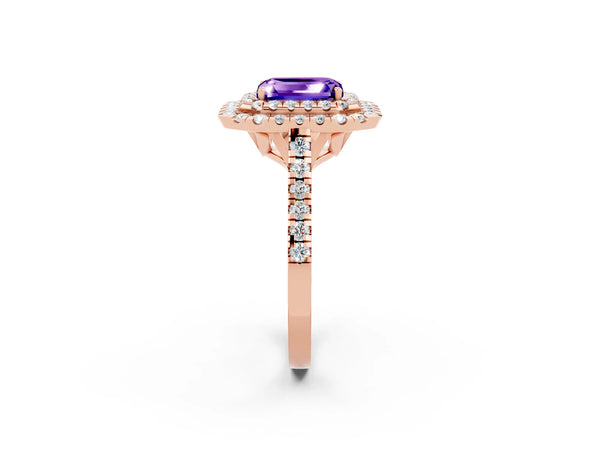 Rose gold Double Halo Emerald Cut Tanzanite Pavé Band with Four-Prong Setting