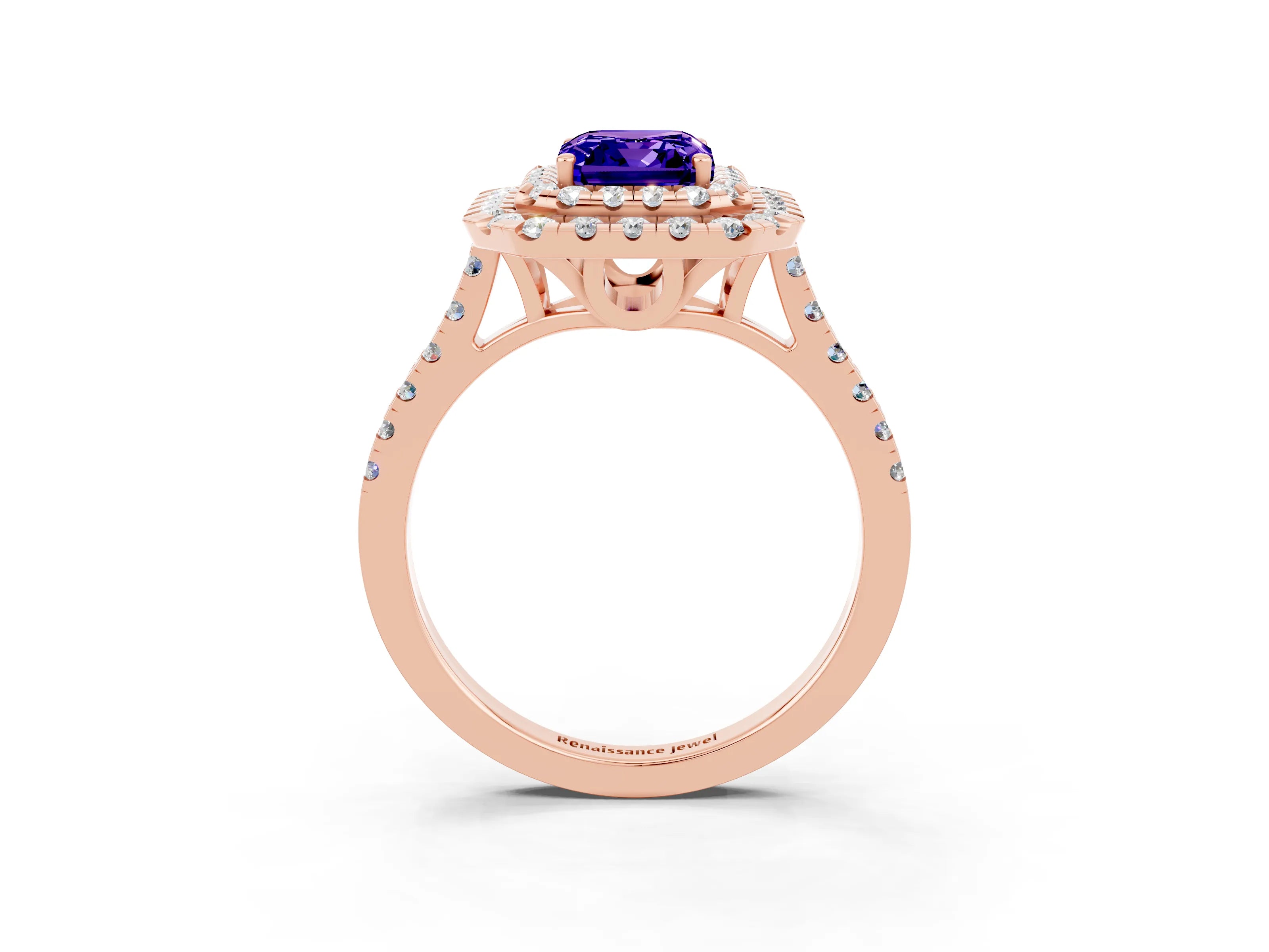 Rose gold Double Halo Emerald Cut Tanzanite Pavé Band with Four-Prong Setting_3