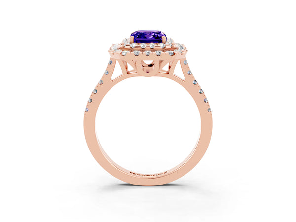 Rose gold Double Halo Emerald Cut Tanzanite Pavé Band with Four-Prong Setting