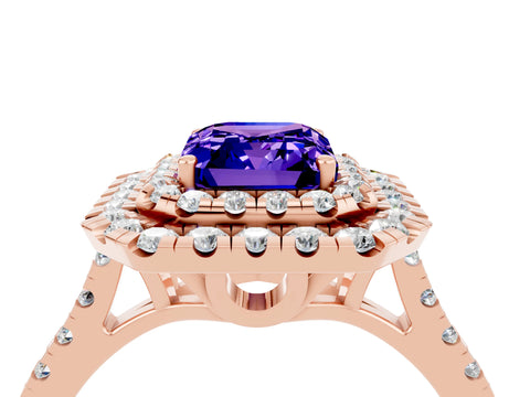 Rose gold Double Halo Emerald Cut Tanzanite Pavé Band with Four-Prong Setting_4