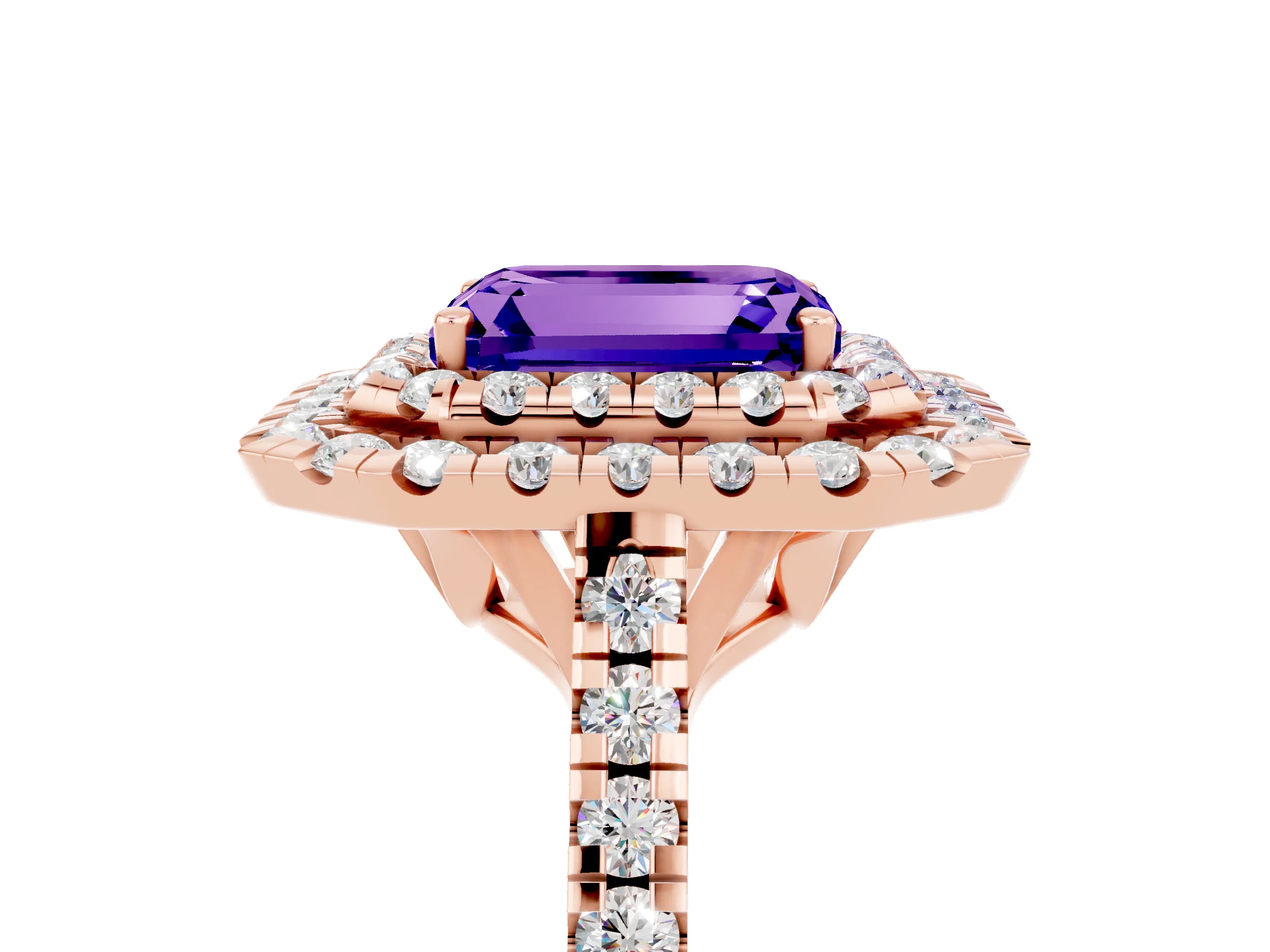 Rose gold Double Halo Emerald Cut Tanzanite Pavé Band with Four-Prong Setting_5