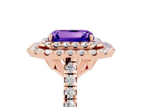 Rose gold Double Halo Emerald Cut Tanzanite Pavé Band with Four-Prong Setting_5