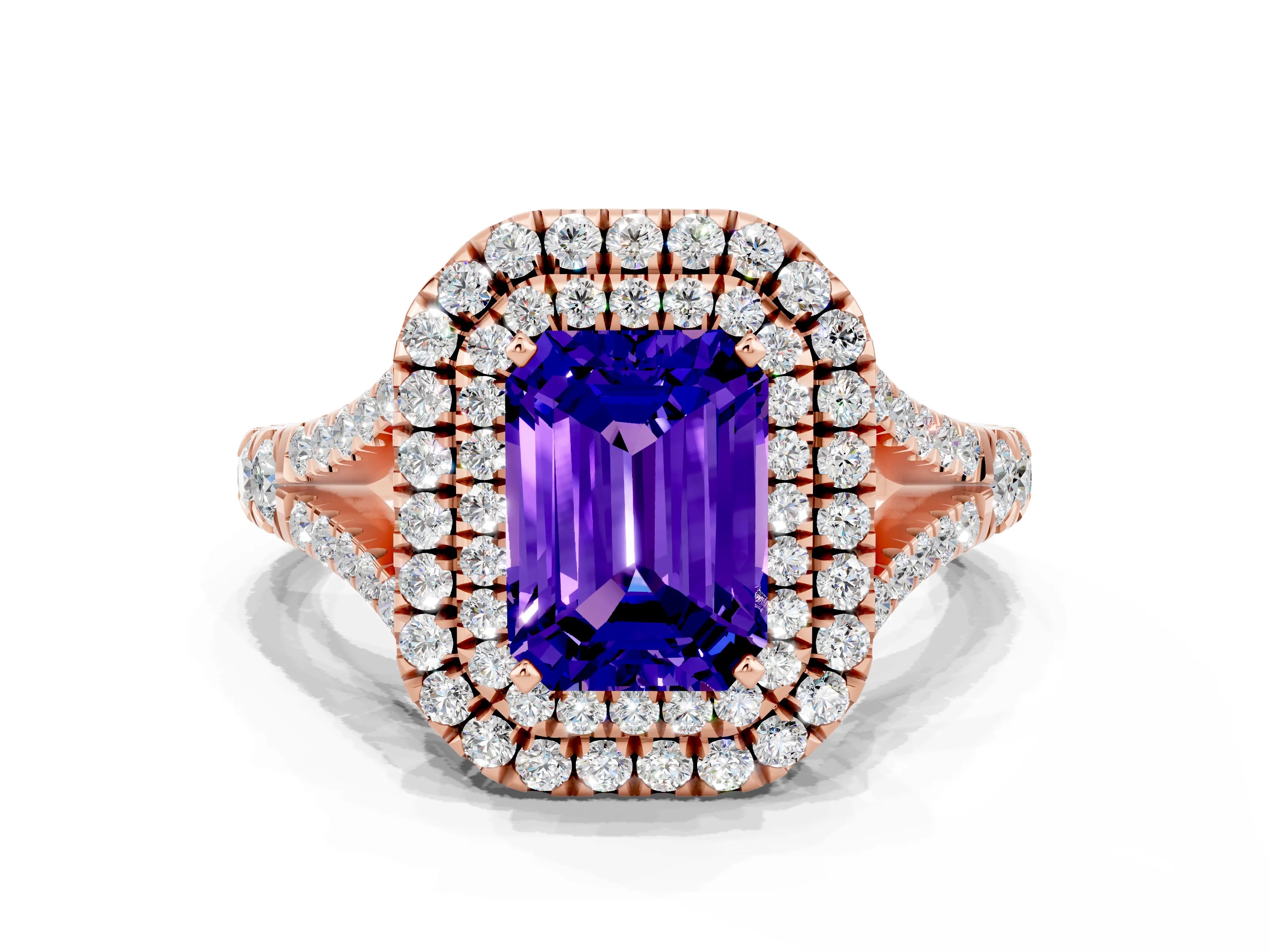Rose gold Double Halo Emerald Cut Tanzanite Pavé Split Shank Ring with Prong Setting