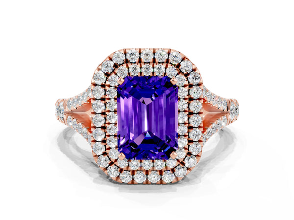 Rose gold Double Halo Emerald Cut Tanzanite Pavé Split Shank Ring with Prong Setting