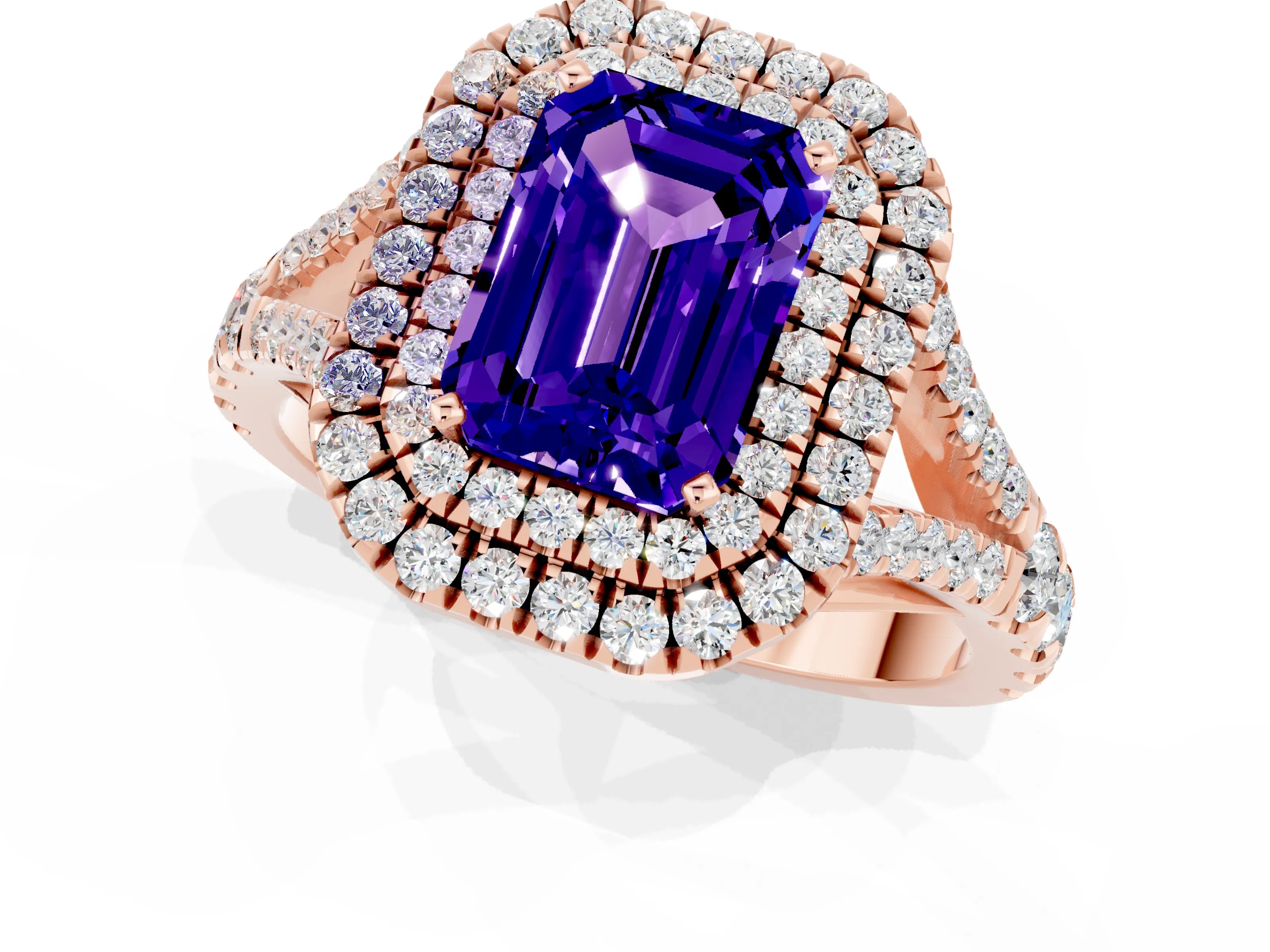 Rose gold Double Halo Emerald Cut Tanzanite Pavé Split Shank Ring with Prong Setting_1