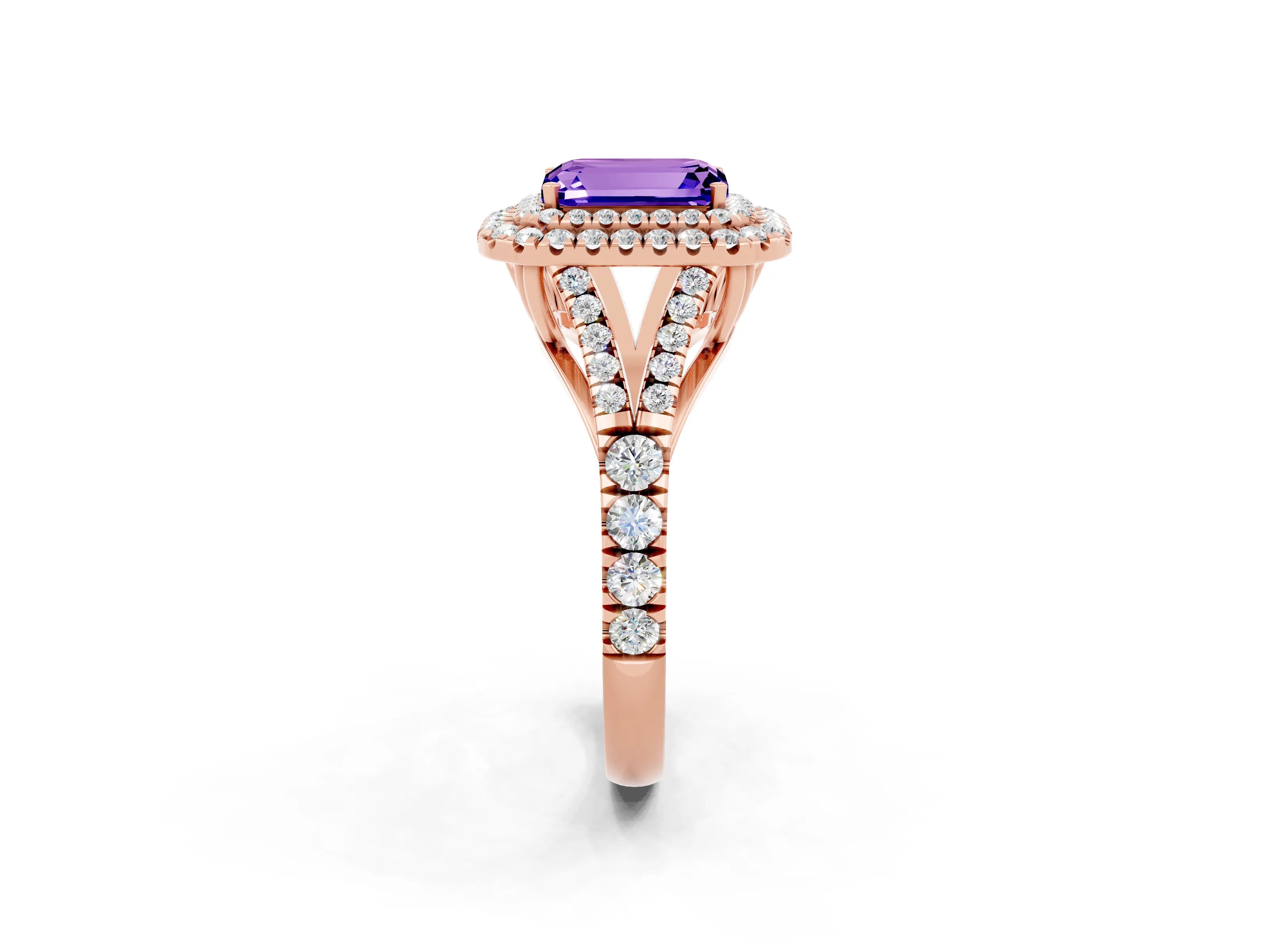 Rose gold Double Halo Emerald Cut Tanzanite Pavé Split Shank Ring with Prong Setting_2