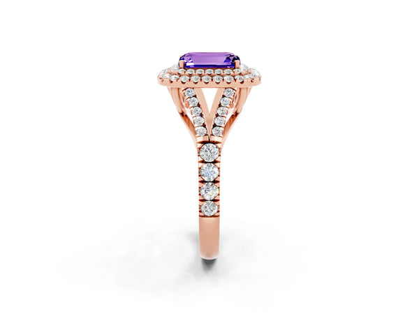 Rose gold Double Halo Emerald Cut Tanzanite Pavé Split Shank Ring with Prong Setting