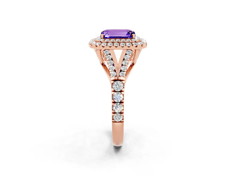 Rose gold Double Halo Emerald Cut Tanzanite Pavé Split Shank Ring with Prong Setting_2