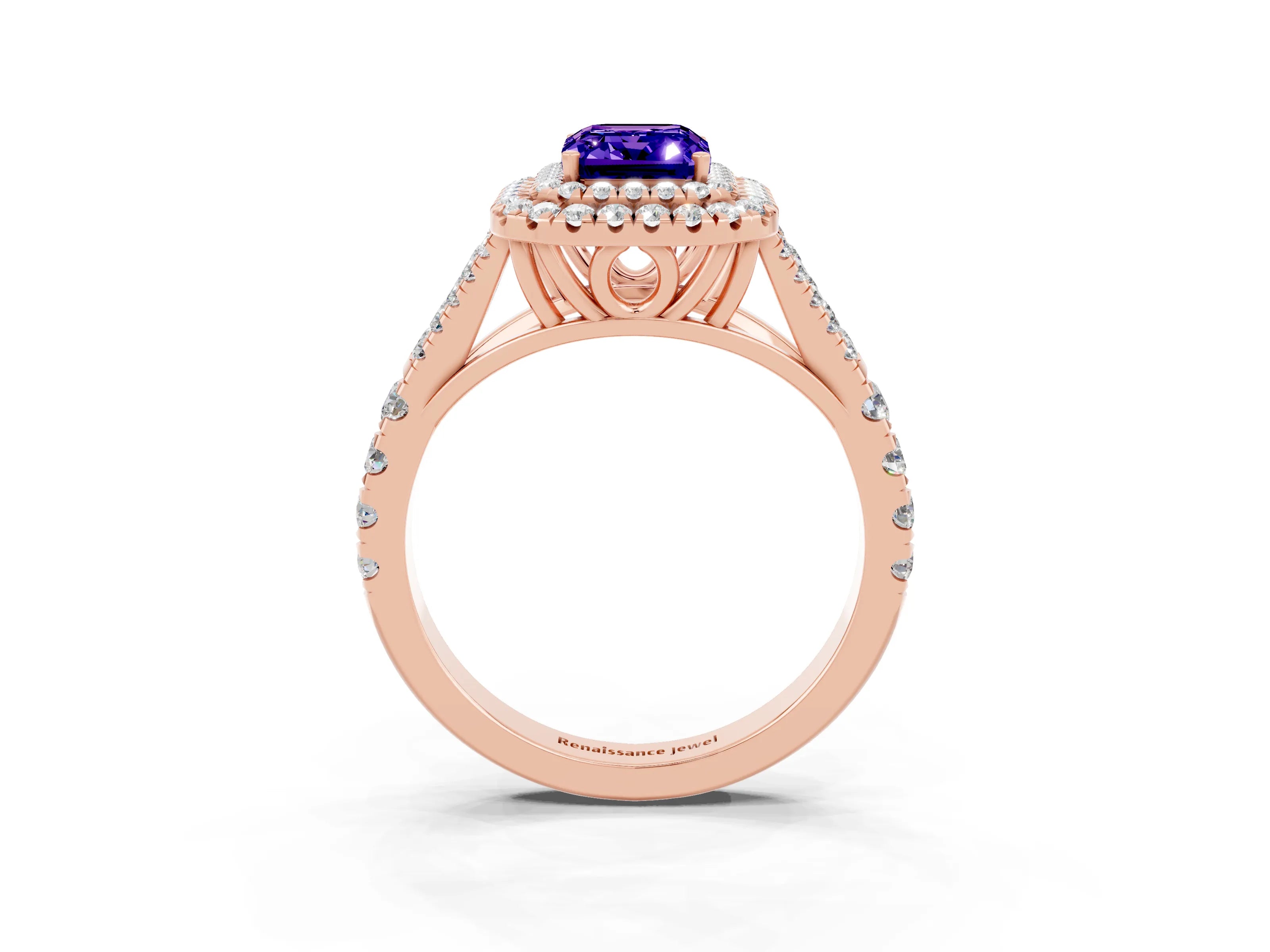 Rose gold Double Halo Emerald Cut Tanzanite Pavé Split Shank Ring with Prong Setting_3