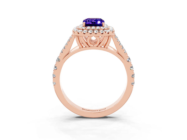 Rose gold Double Halo Emerald Cut Tanzanite Pavé Split Shank Ring with Prong Setting