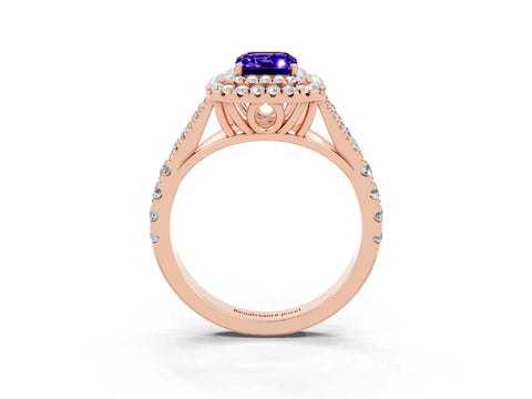 Rose gold Double Halo Emerald Cut Tanzanite Pavé Split Shank Ring with Prong Setting_3