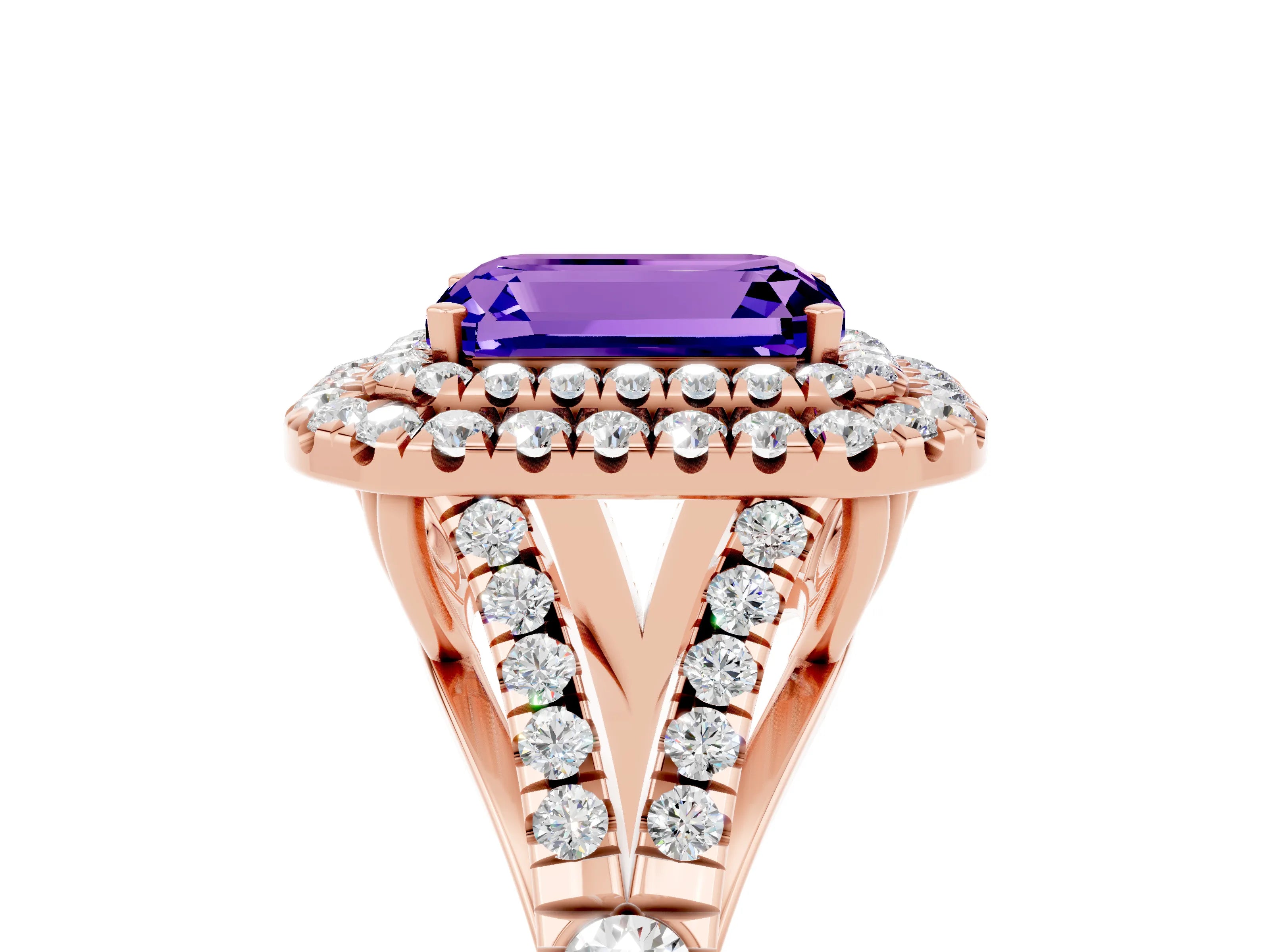 Rose gold Double Halo Emerald Cut Tanzanite Pavé Split Shank Ring with Prong Setting_5