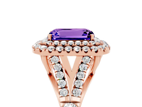 Rose gold Double Halo Emerald Cut Tanzanite Pavé Split Shank Ring with Prong Setting_5