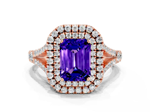 Rose gold Double Halo Emerald Cut Tanzanite Pavé Split Shank Ring with Prong Setting