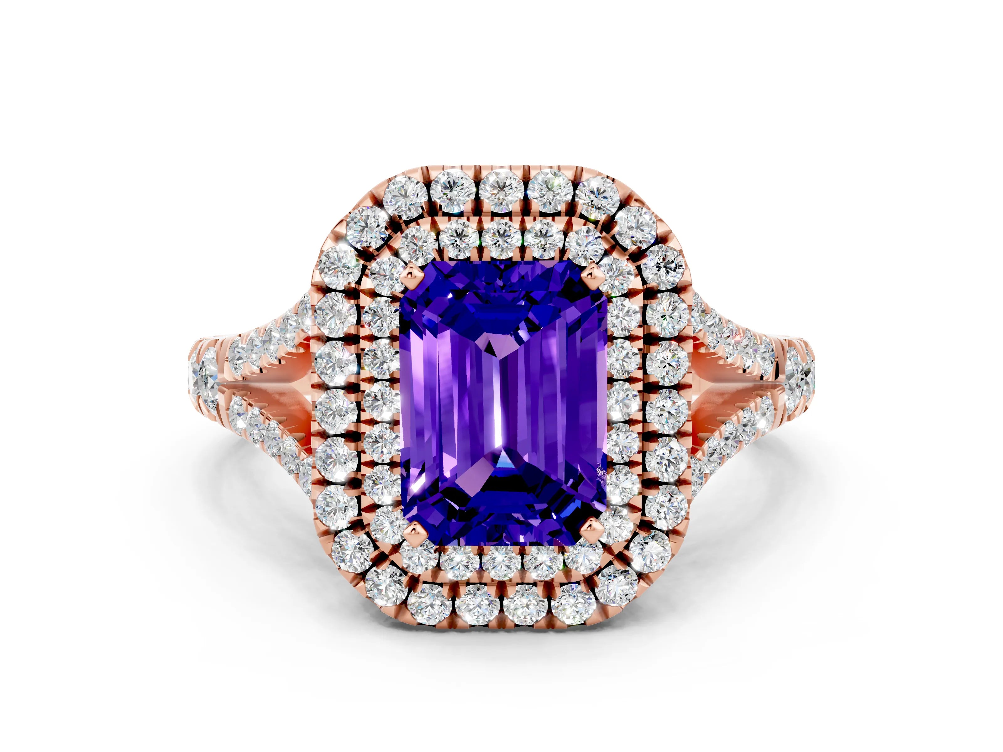 Rose gold Double Halo Emerald Cut Tanzanite Split Shank Engagement Ring with Four-Prong Setting
