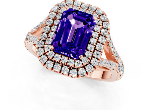 Rose gold Double Halo Emerald Cut Tanzanite Split Shank Engagement Ring with Four-Prong Setting_1