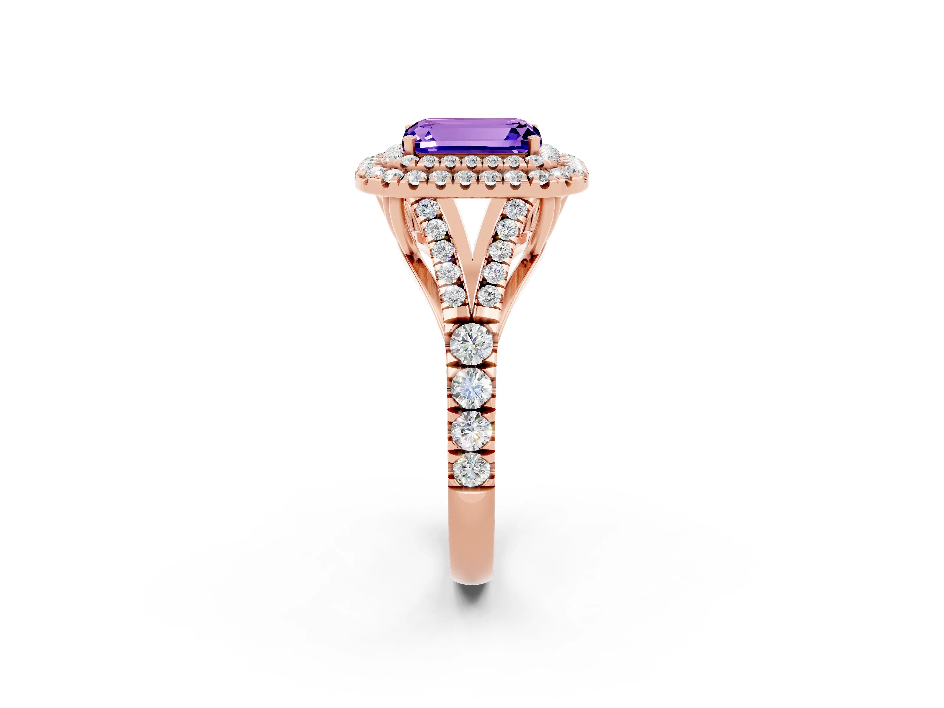 Rose gold Double Halo Emerald Cut Tanzanite Split Shank Engagement Ring with Four-Prong Setting_2