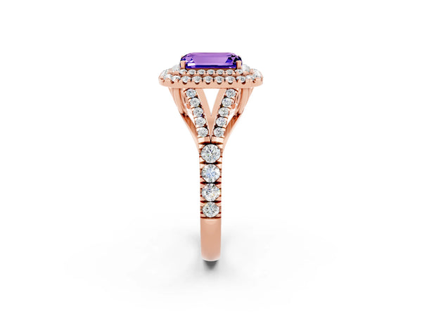 Rose gold Double Halo Emerald Cut Tanzanite Split Shank Engagement Ring with Four-Prong Setting