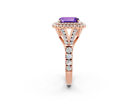 Rose gold Double Halo Emerald Cut Tanzanite Split Shank Engagement Ring with Four-Prong Setting_2