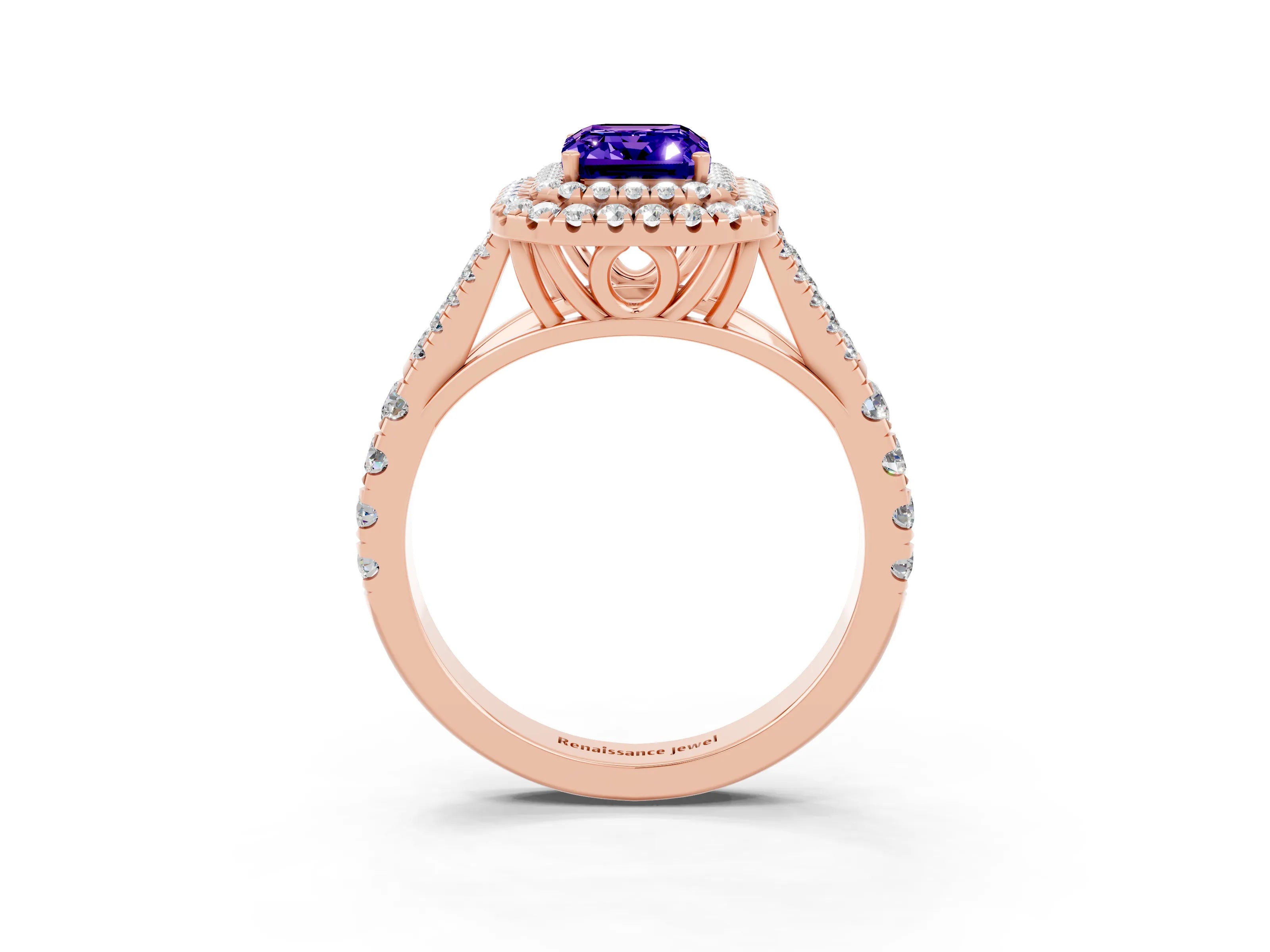 Rose gold Double Halo Emerald Cut Tanzanite Split Shank Engagement Ring with Four-Prong Setting_3