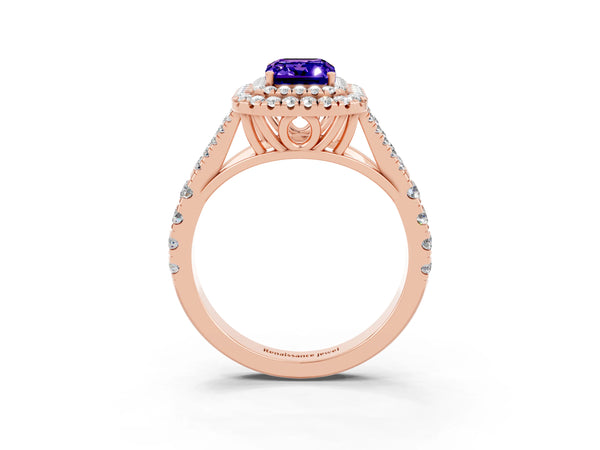 Rose gold Double Halo Emerald Cut Tanzanite Split Shank Engagement Ring with Four-Prong Setting