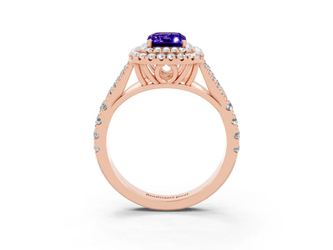 Rose gold Double Halo Emerald Cut Tanzanite Split Shank Engagement Ring with Four-Prong Setting_3