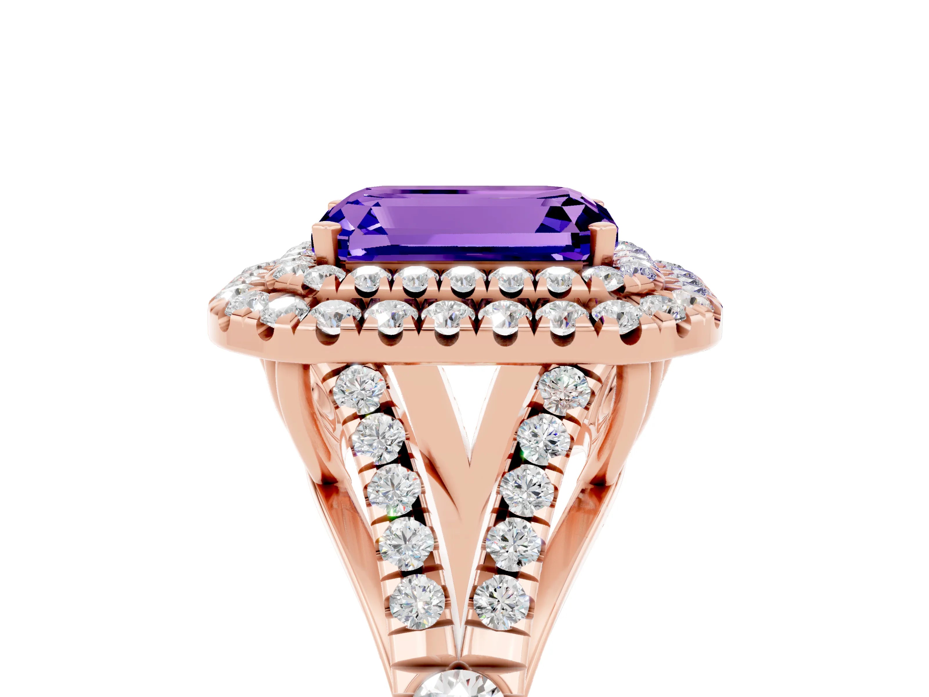 Rose gold Double Halo Emerald Cut Tanzanite Split Shank Engagement Ring with Four-Prong Setting_5