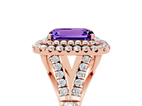 Rose gold Double Halo Emerald Cut Tanzanite Split Shank Engagement Ring with Four-Prong Setting_5