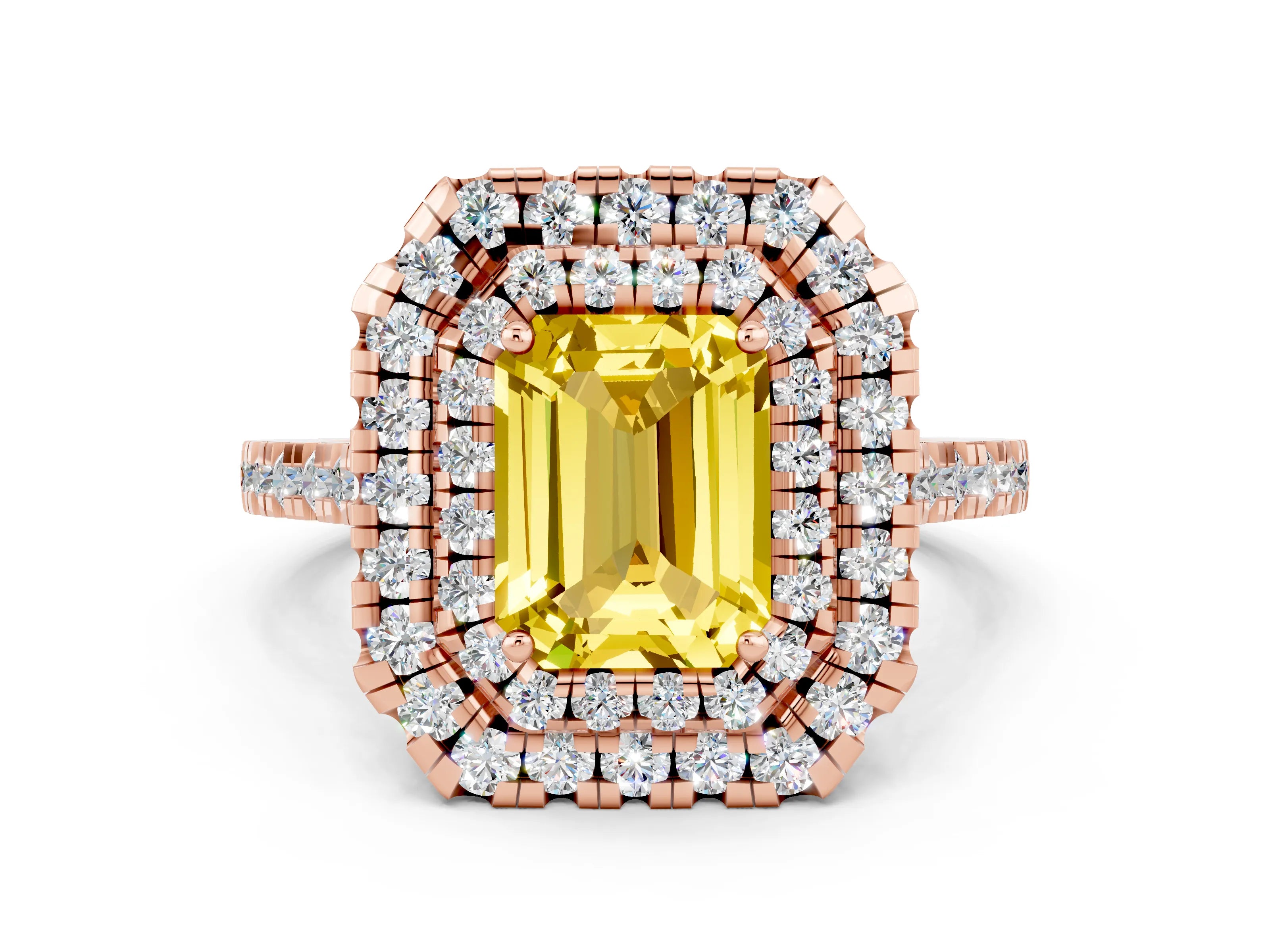 Rose gold Double Halo Emerald Cut Yellow Sapphire Pavé Band with Four-Prong Setting_24